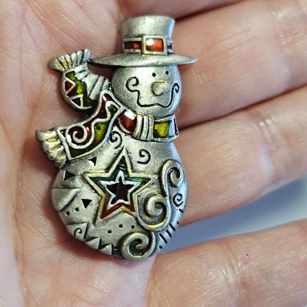 Vintage Pewter Snowman With Scarf Brooch Yellow Green Orange Red Enamel